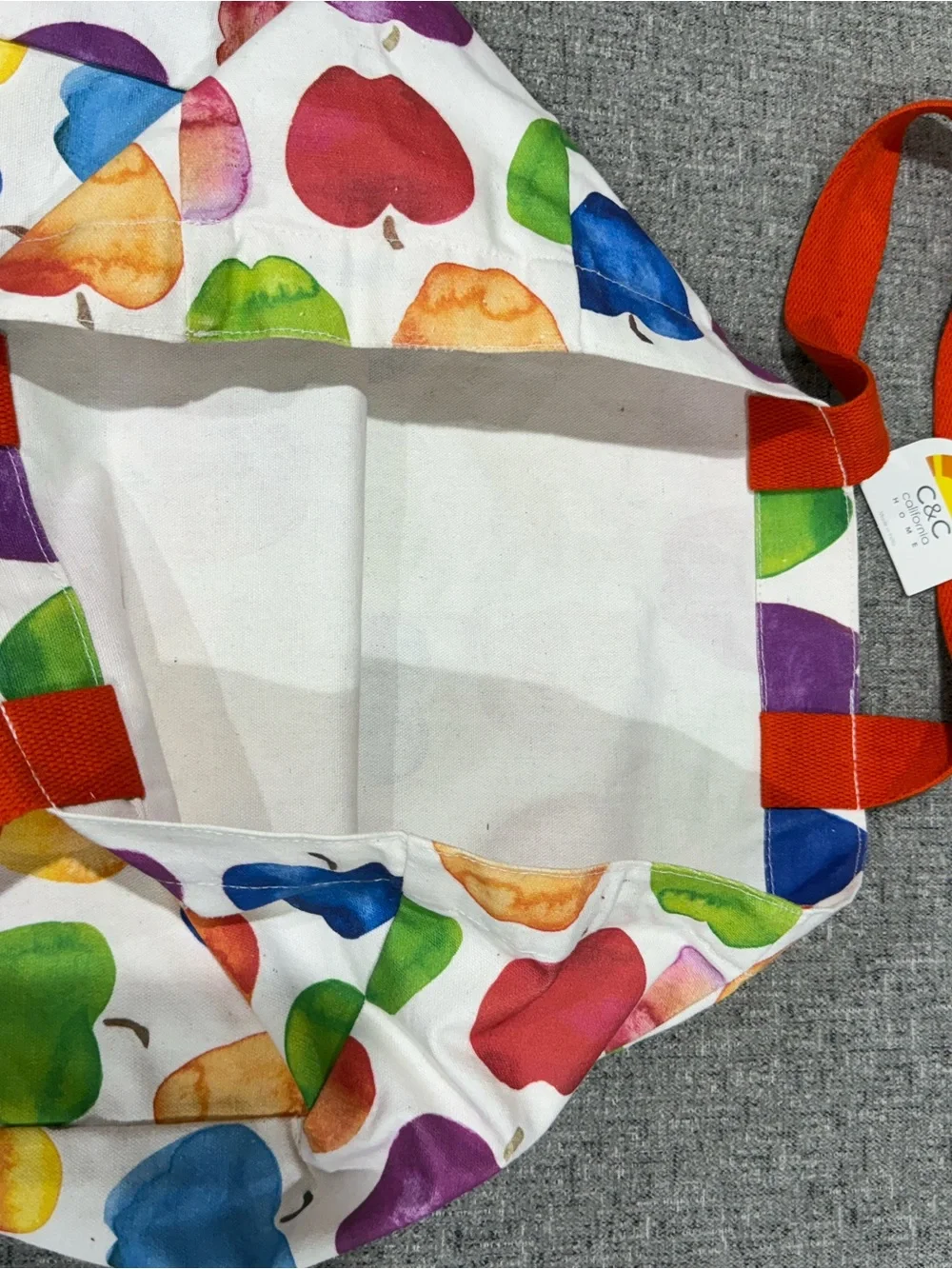 C&C California Rainbow Apple Cotton Print Tote with Orange Handles 21x16